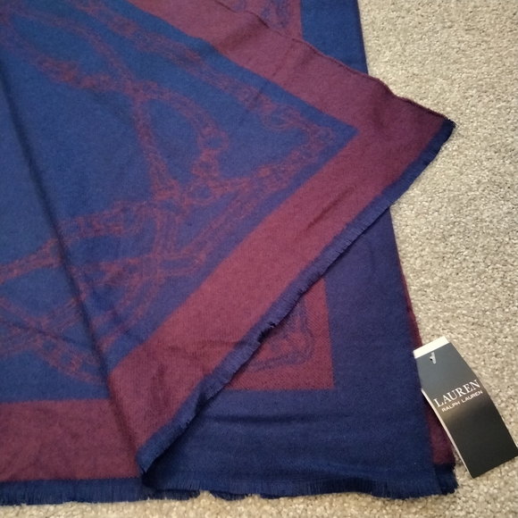NWT Ralph Lauren Horse Bit Logo Navy and Wine Wide Scarf Wrap - Picture 2 of 7